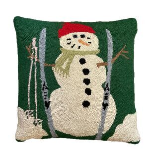 Snowman With Skis Hooked Rug Style Pillow 18” X 18” Holidays Christmas